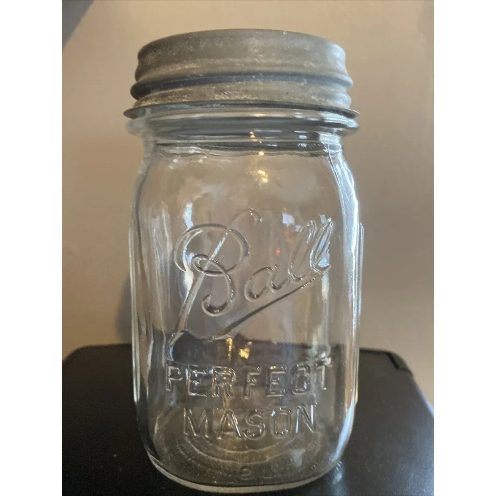 3 Vintage BALL PERFECT MASON Clear Jars With Zinc Lids Ribbed Square
